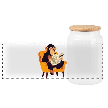 Monkey reading newspaper in armchair funny monkey motif - Panoramic Cookie Jar with Wooden Lid - white - Front