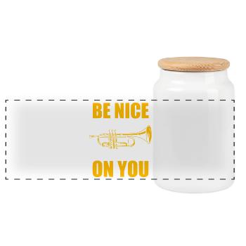 Be nice or I'll empty trumpet player - Panoramic Cookie Jar with Wooden Lid - white - Front