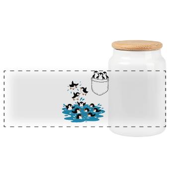 Pinguin Sprung ins Wasser Pocket Design - Panorama Keksdose mit Holzdeckel - Weiß - Vorne
