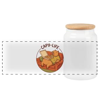 Capybara sofa with pizza cozy animal motif - Panoramic Cookie Jar with Wooden Lid - white - Front