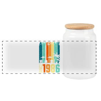 Vintage Tropical Skyline Since 1986 - Panoramic Cookie Jar with Wooden Lid - white - Front