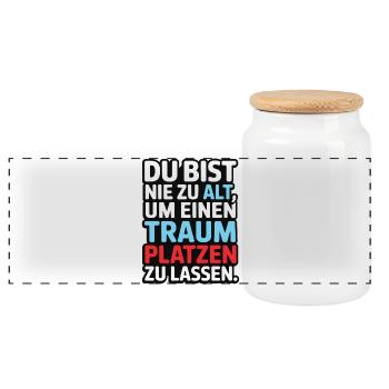 Never Too Old Dream Burst Design - Panoramic Cookie Jar with Wooden Lid - white - Front