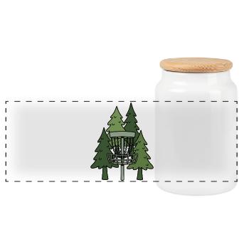 Forest Disc Golf Basket Funny Disc Golfing Scene - Panoramic Cookie Jar with Wooden Lid - white - Front