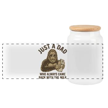 Cool Bigfoot Dad with Milk Carton Funny Father - Panoramic Cookie Jar with Wooden Lid - white - Front