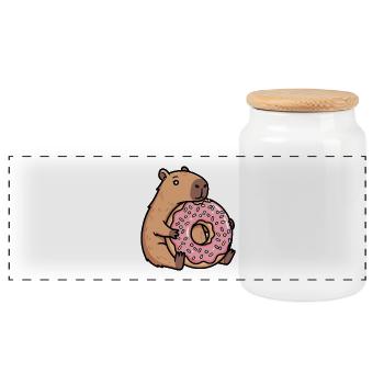 Capybara mit Donut süßes Relax Tiermotiv - Panorama Keksdose mit Holzdeckel - Weiß - Vorne