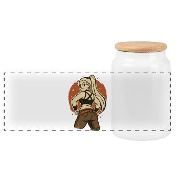 Woman and Fighter Cartoon Retro - Panoramic Cookie Jar with Wooden Lid - white - Front