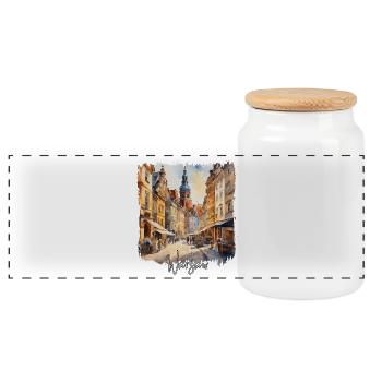Warsaw Watercolor, Warsaw Poland - Panoramic Cookie Jar with Wooden Lid - white - Front