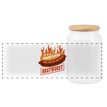 Projektleiter Bratwurst | Grillen Flammen Kult - Panorama Keksdose mit Holzdeckel - Weiß - Vorne