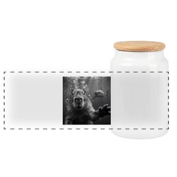 Selfie de capybara sous l’eau avec un requin - Boîte à biscuits avec couvercle en bois - blanc - Devant