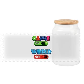 Game On – World Off | Conception du joueur avec manette - Boîte à biscuits avec couvercle en bois - blanc - Devant