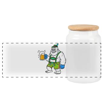 Yeti in leather pants with beer après-ski costume - Panoramic Cookie Jar with Wooden Lid - white - Front