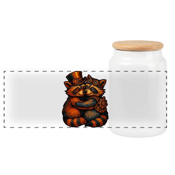 Steampunk Raccoon Cuddle - Panoramic Cookie Jar with Wooden Lid - white - Front