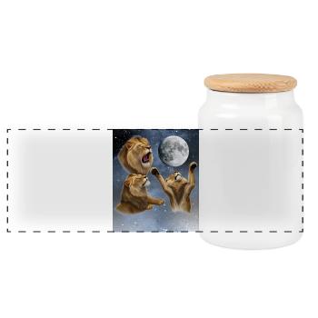 Drei Löwen heulen auf einen Vollmond Löwe Mond - Panorama Keksdose mit Holzdeckel - Weiß - Vorne