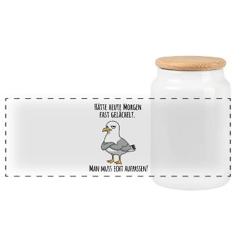 Fast gelächelt – Grummelige Möwe für Morgenmuffel - Boîte à biscuits avec couvercle en bois - blanc - Devant