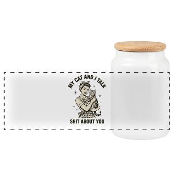 My Cat and I Talk Shit – Cat Mom Design - Panoramic Cookie Jar with Wooden Lid - white - Front