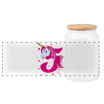Unicorn, 5 years old, 5th birthday, child - Panoramic Cookie Jar with Wooden Lid - white - Front