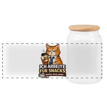 I work for Snacks – Office Cat - Panoramic Cookie Jar with Wooden Lid - white - Front