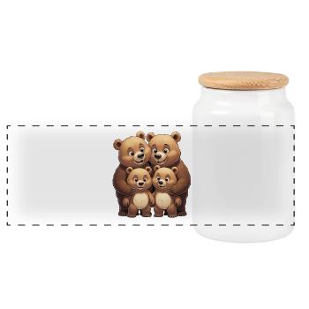 Bear Family Cartoon Heart - Panoramic Cookie Jar with Wooden Lid - white - Front