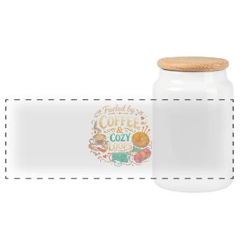 Fueled by Coffee & Cozy Loops - Panoramic Cookie Jar with Wooden Lid - white - Front
