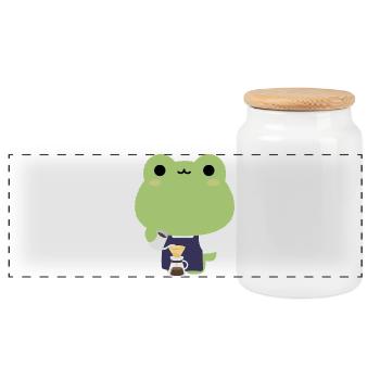Kawaii Frog Barista - Panoramic Cookie Jar with Wooden Lid - white - Front