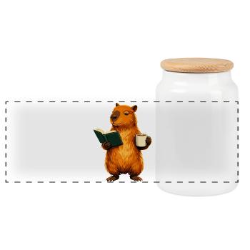 Capybara reading book with coffee book lover - Panoramic Cookie Jar with Wooden Lid - white - Front