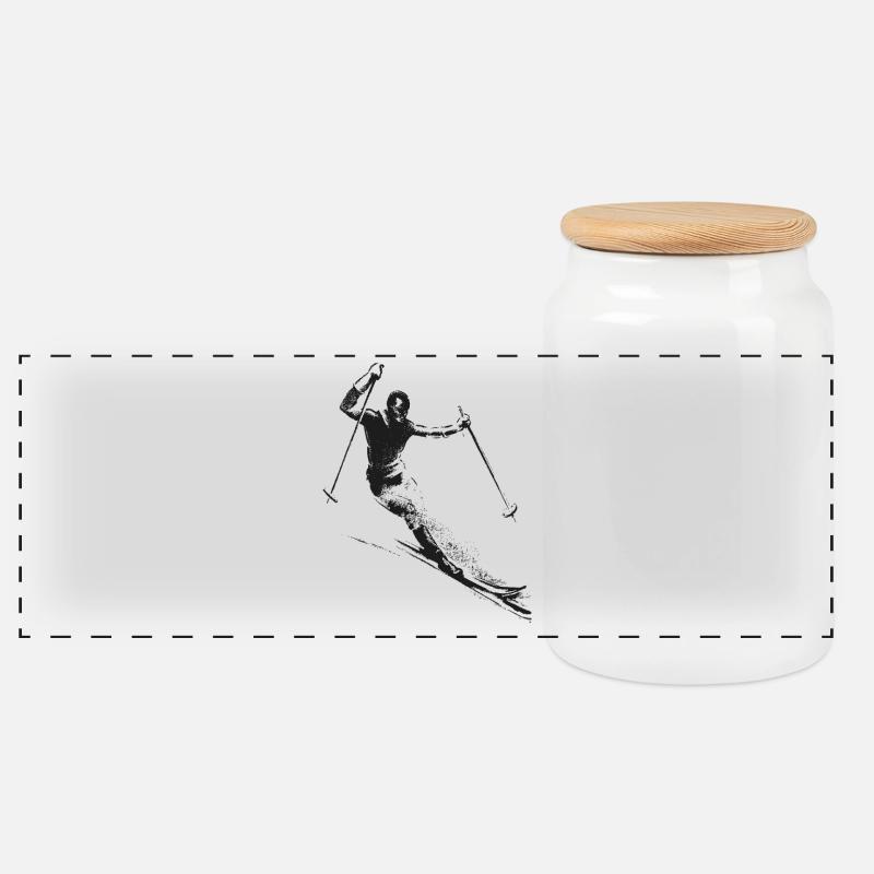 Retro Skifahrer - Panorama Keksdose mit Holzdeckel - Weiß