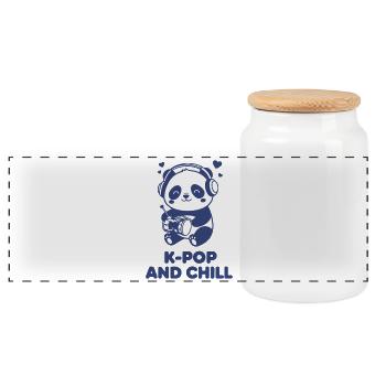 K-Pop And Chill Panda Headphones Korean Music - Panoramic Cookie Jar with Wooden Lid - white - Front