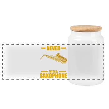 An old man with a Saxophon Saxophonspieler - Panoramic Cookie Jar with Wooden Lid - white - Front