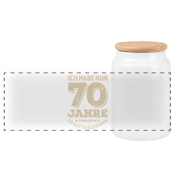 70 Jahre - gut aussehen | Geburtstag Geschenk - Panorama Keksdose mit Holzdeckel - Weiß - Vorne