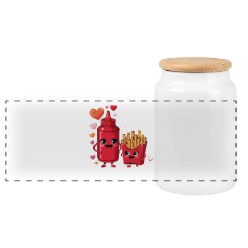 Les frites et le ketchup adorent la nourriture drôle de dessin animé - Boîte à biscuits avec couvercle en bois - blanc - Devant