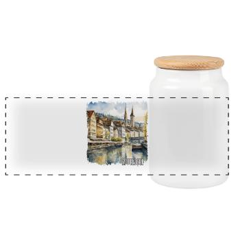 Watercolor of Zurich, Zurich Switzerland - Panoramic Cookie Jar with Wooden Lid - white - Front