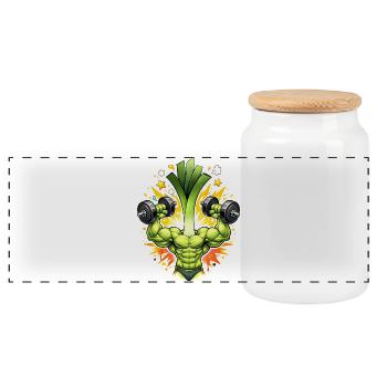 Strong Leek Bodybuilder Illustration - Panoramic Cookie Jar with Wooden Lid - white - Front