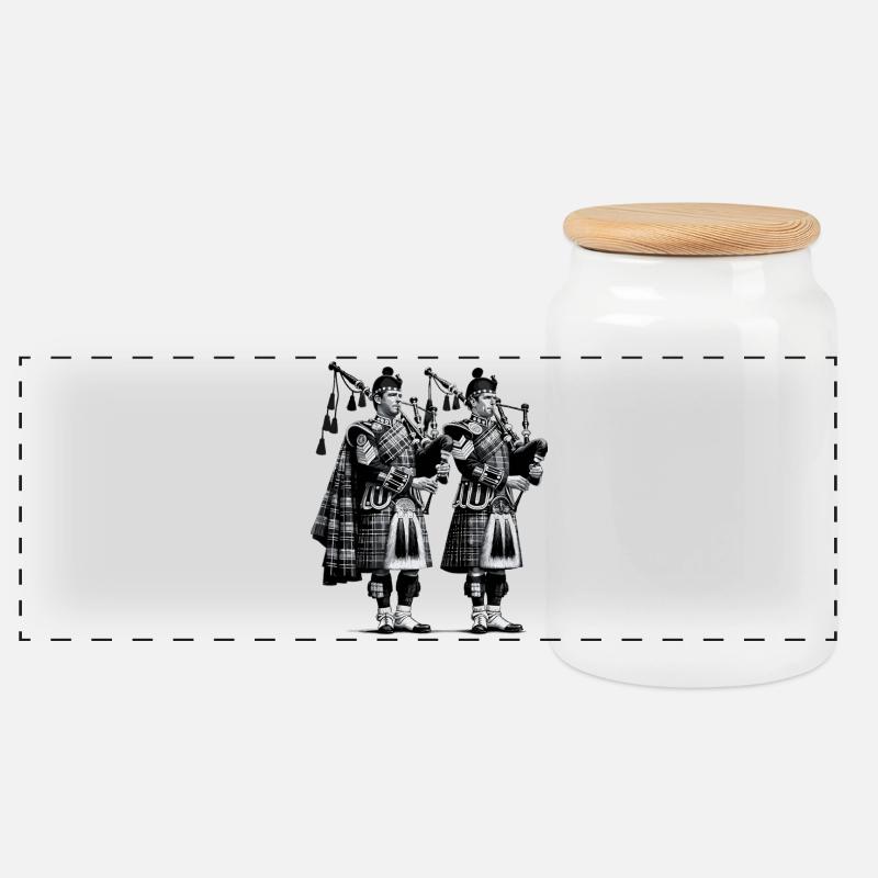 Dudelsack Duo im Kilt - Panorama Keksdose mit Holzdeckel - Weiß