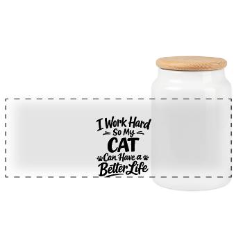 I work hard so my cat can have a better life - Panorama Keksdose mit Holzdeckel - Weiß - Vorne