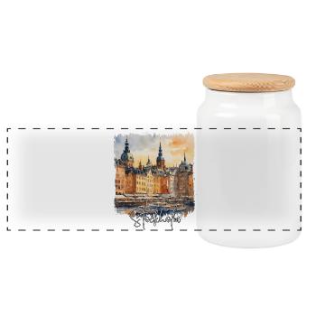 Stockholm Watercolor, Stockholm Sweden - Panoramic Cookie Jar with Wooden Lid - white - Front