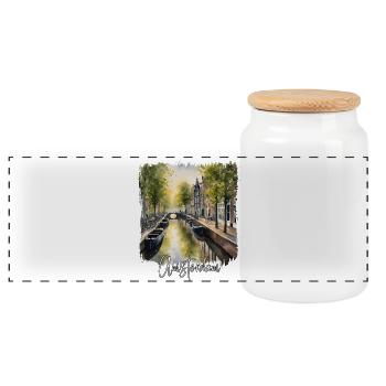 Amsterdam Watercolor, Amsterdam Netherlands - Panoramic Cookie Jar with Wooden Lid - white - Front