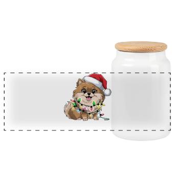 Weihnachtshund mit Lichterkette - Panorama Keksdose mit Holzdeckel - Weiß - Vorne
