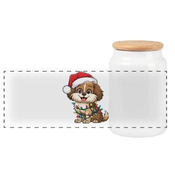 Weihnachtshund mit Lichterkette - Panorama Keksdose mit Holzdeckel - Weiß - Vorne