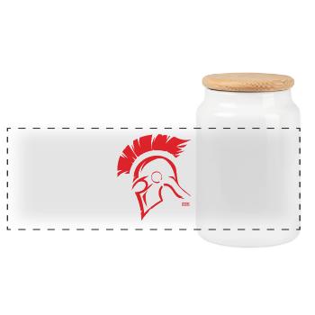 Red Sparta Helmet Silhouette - Panoramic Cookie Jar with Wooden Lid - white - Front