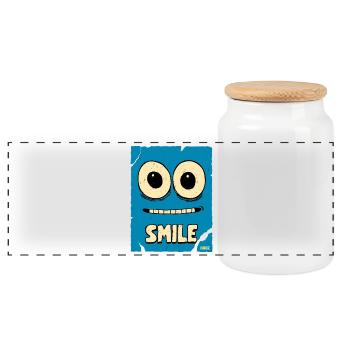 Laughing Blue Cartoon Face - Panoramic Cookie Jar with Wooden Lid - white - Front