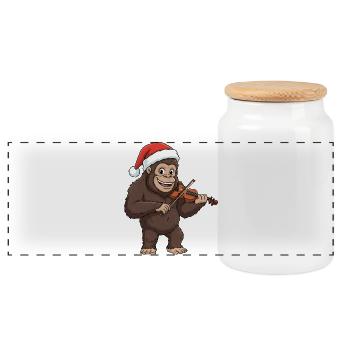 Christmas Bigfoot Sasquatch Playing Violin - Panoramic Cookie Jar with Wooden Lid - white - Front
