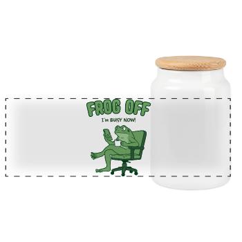 Frog Off I'm busy now – Ich bin beschäftigt Frosch - Panoramic Cookie Jar with Wooden Lid - white - Front