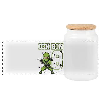 I'm 8 Ninja 8th Birthday Green Karate - Panoramic Cookie Jar with Wooden Lid - white - Front