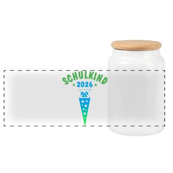 Schulkind 2026 Schultüte Sterne - blau grün - Panorama Keksdose mit Holzdeckel - Weiß - Vorne