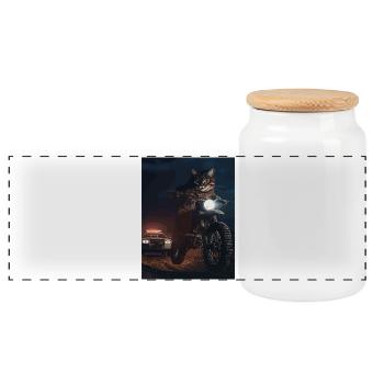Night cat on motorcycle - Panoramic Cookie Jar with Wooden Lid - white - Front