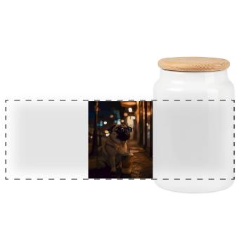 Pug with sunglasses and iced coffee - Panoramic Cookie Jar with Wooden Lid - white - Front