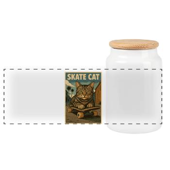 Skate Katze auf Skateboard Retro Poster - Panorama Keksdose mit Holzdeckel - Weiß - Vorne