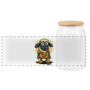 Funny cartoon sheep with orange shirt - Panoramic Cookie Jar with Wooden Lid - white - Front