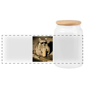Waschbär trink Eiskaffee, Lustiges Waschbär Foto - Panorama Keksdose mit Holzdeckel - Weiß - Vorne