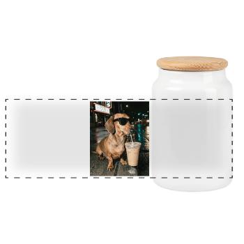 Dackel trink Eiskaffee, Lustiges Dackel Foto - Panorama Keksdose mit Holzdeckel - Weiß - Vorne